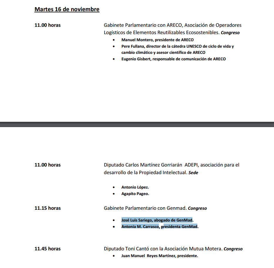 Agenda de reuniones de UPYD noviembre 2014 en la que consta reunión con Antonia Carrasco, Presidenta de GenMad, y José Luis Sariego, abogado de la misma asociación
